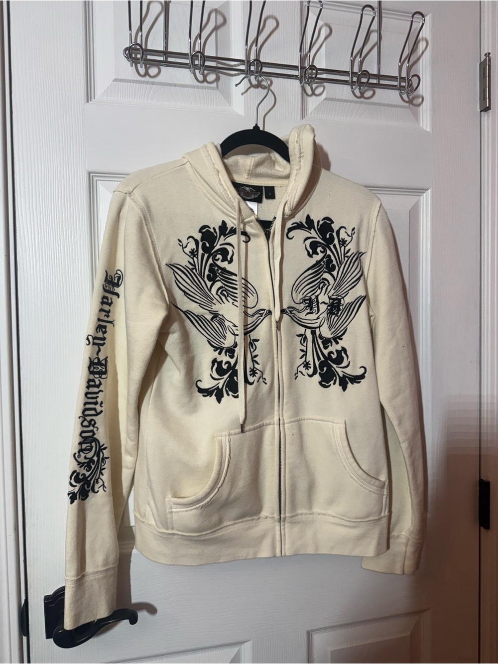 Harley-Davidson Ivory Hoodie with Black embroidered birds & baroque